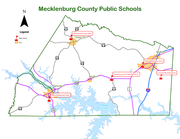 map of Mecklenburg County, Virginia, public schools